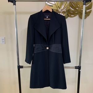 Nicole Bakti Black Long Dress Coat with Textured Waist & Decorative Button